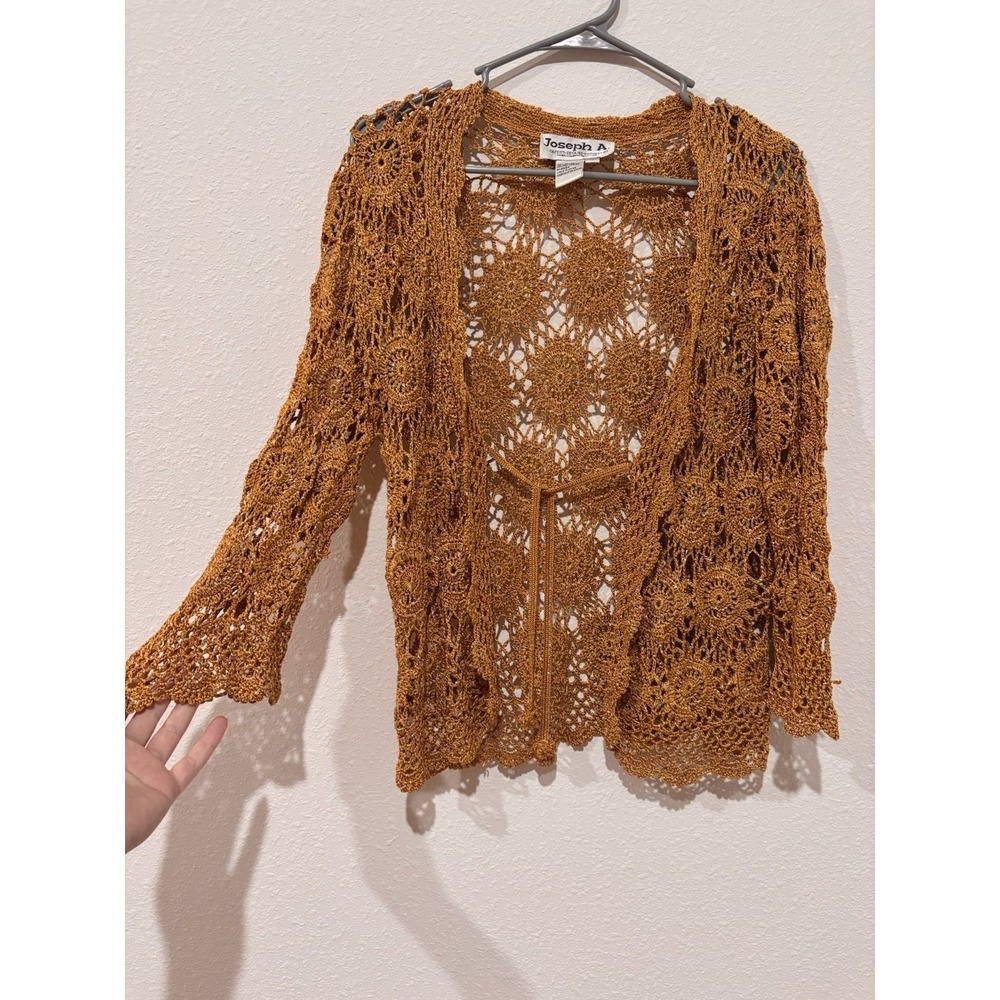 Joseph A Vintage Gold Metallic Crochet Tie Front Open Knit Boho Celestial XL